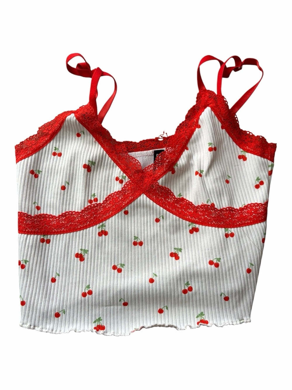 Divided Cherry Print Ribbed Ruffle Cropped Tank Top Red Lace Trim Coquette Y2K
